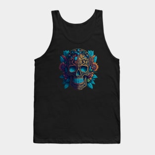 Blossoming Shadows: Black and Gold Sugar Skull Art with Floral Intricacy Tank Top